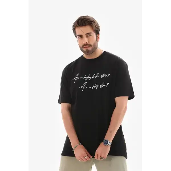 Erkek Kısa Kol Yazlık Tişört Bisiklet Yaka Baskılı Oversize T-Shirt - Siyah