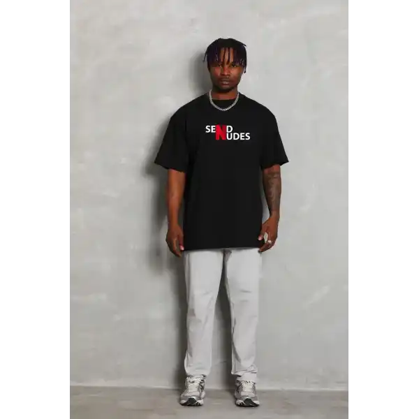 Erkek Kısa Kol Yazlık Tişört Bisiklet Yaka Baskılı Oversize T-Shirt - Siyah