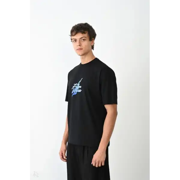 Erkek Kısa Kol Yazlık Tişört Bisiklet Yaka Baskılı Oversize T-Shirt - Siyah