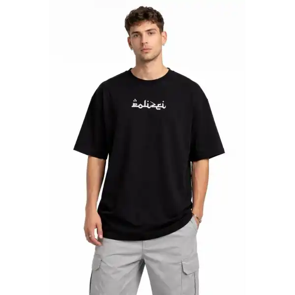Erkek Kısa Kol Yazlık Tişört Bisiklet Yaka Baskılı Oversize T-Shirt - Siyah