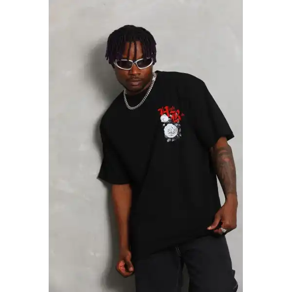 Erkek Kısa Kol Yazlık Tişört Bisiklet Yaka Baskılı Oversize T-Shirt - Siyah