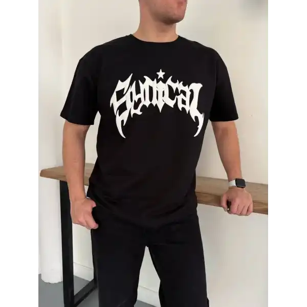 Erkek Kısa Kol Yazlık Tişört Bisiklet Yaka Baskılı Oversize T-Shirt - Siyah