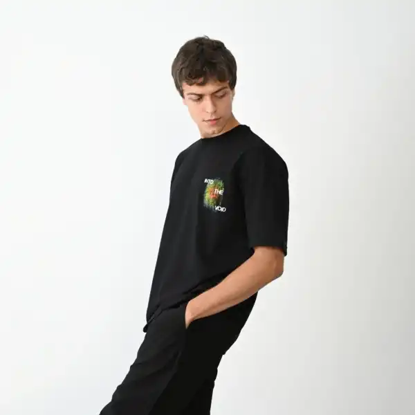 Erkek Kısa Kol Yazlık Tişört Bisiklet Yaka Baskılı Oversize T-Shirt - Siyah