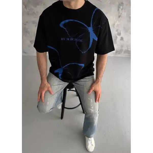 Erkek Kısa Kol Yazlık Tişört Bisiklet Yaka Baskılı Oversize T-Shirt - Siyah