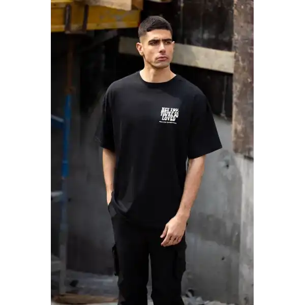 Erkek Kısa Kol Yazlık Tişört Bisiklet Yaka Baskılı Oversize T-Shirt - Siyah