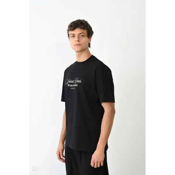 Erkek Kısa Kol Yazlık Tişört Bisiklet Yaka Baskılı Oversize T-Shirt - Siyah