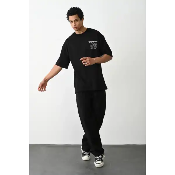 Erkek Kısa Kol Yazlık Tişört Bisiklet Yaka Baskılı Oversize T-Shirt - Siyah
