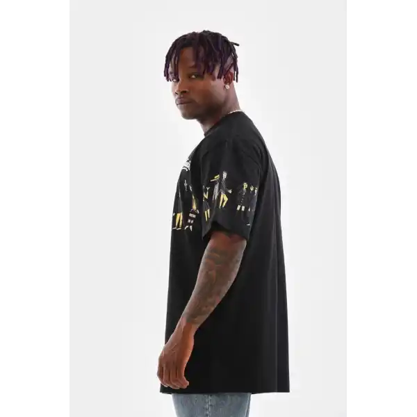 Erkek Kısa Kol Yazlık Tişört Bisiklet Yaka Baskılı Oversize T-Shirt - Siyah
