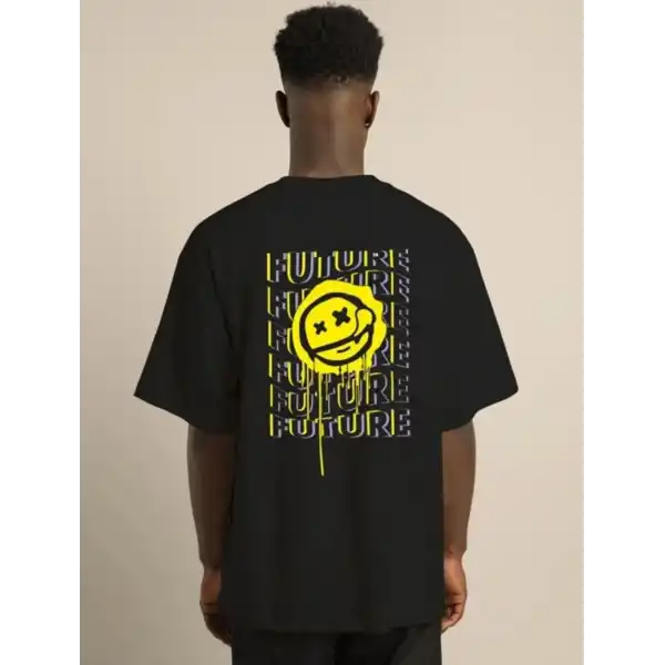 Erkek Kısa Kol Yazlık Tişört Bisiklet Yaka Baskılı Oversize T-Shirt - Siyah