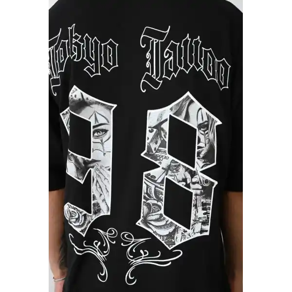 Erkek Kısa Kol Yazlık Tişört Bisiklet Yaka Baskılı Oversize T-Shirt - Siyah