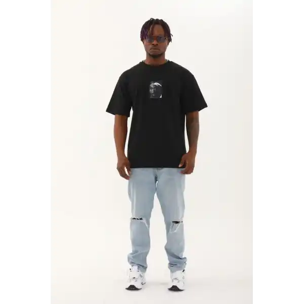 Erkek Kısa Kol Yazlık Tişört Bisiklet Yaka Baskılı Oversize T-Shirt - Siyah