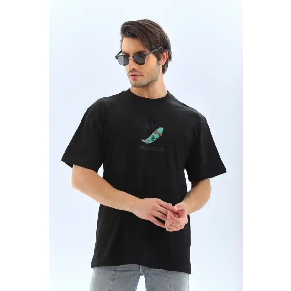 Erkek Kısa Kol Yazlık Tişört Bisiklet Yaka Baskılı Oversize T-Shirt - Siyah