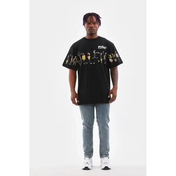 Erkek Kısa Kol Yazlık Tişört Bisiklet Yaka Baskılı Oversize T-Shirt - Siyah