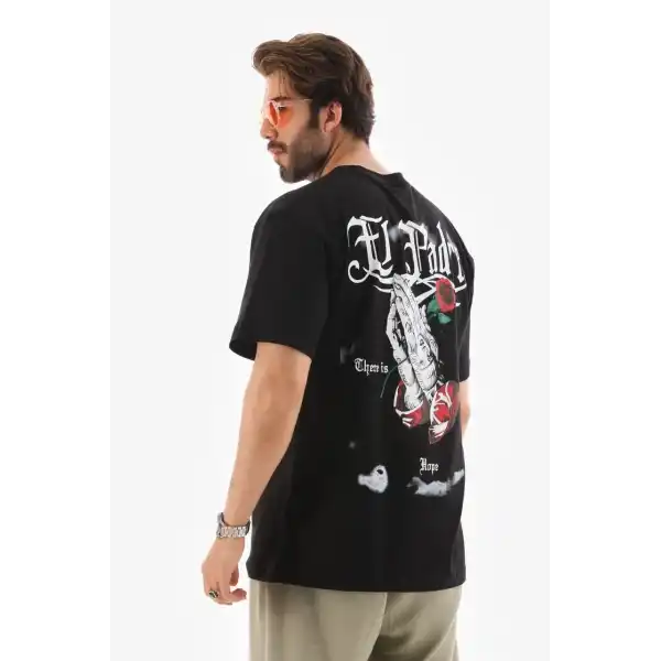 Erkek Kısa Kol Yazlık Tişört Bisiklet Yaka Baskılı Oversize T-Shirt - Siyah
