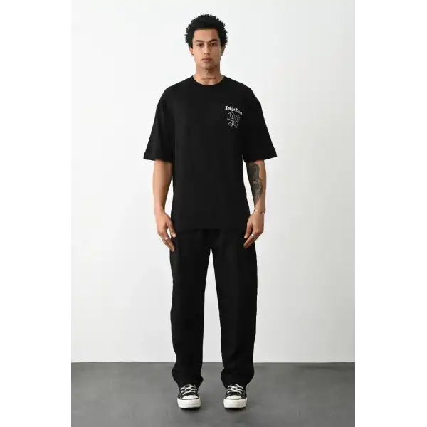 Erkek Kısa Kol Yazlık Tişört Bisiklet Yaka Baskılı Oversize T-Shirt - Siyah