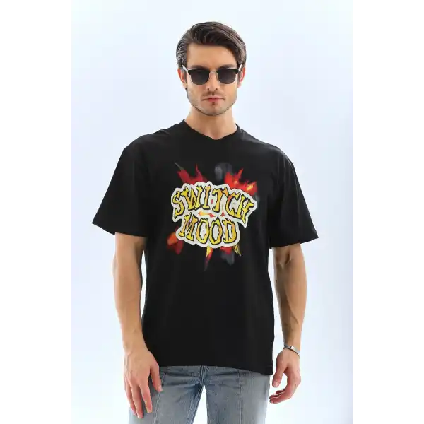 Erkek Kısa Kol Yazlık Tişört Bisiklet Yaka Baskılı Oversize T-Shirt - Siyah