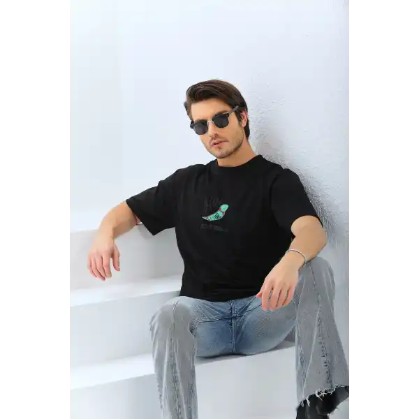 Erkek Kısa Kol Yazlık Tişört Bisiklet Yaka Baskılı Oversize T-Shirt - Siyah
