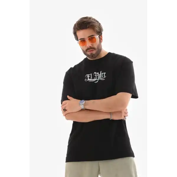 Erkek Kısa Kol Yazlık Tişört Bisiklet Yaka Baskılı Oversize T-Shirt - Siyah