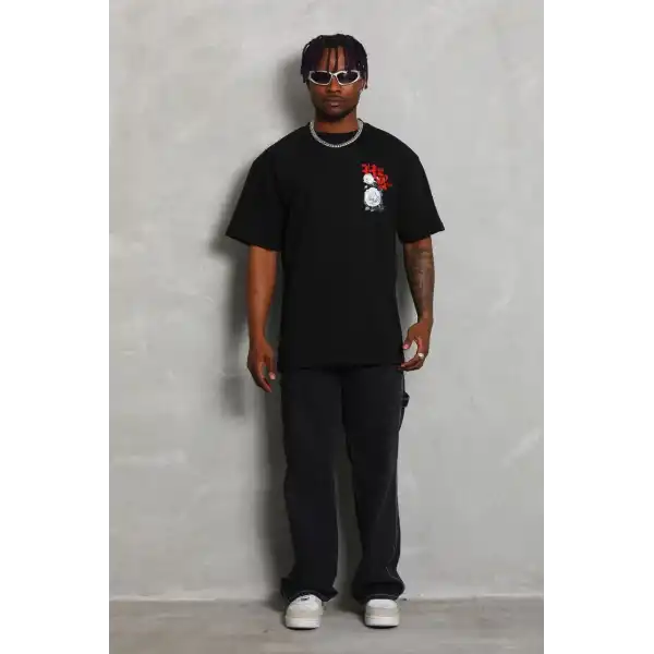 Erkek Kısa Kol Yazlık Tişört Bisiklet Yaka Baskılı Oversize T-Shirt - Siyah