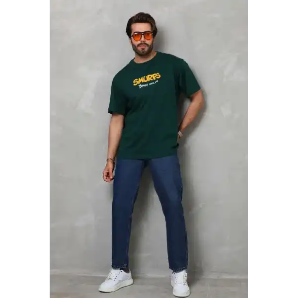 Erkek Kısa Kol Yazlık Tişört Bisiklet Yaka Baskılı Oversize T-Shirt - Yeşil