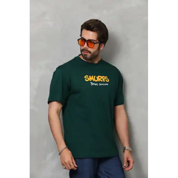 Erkek Kısa Kol Yazlık Tişört Bisiklet Yaka Baskılı Oversize T-Shirt - Yeşil