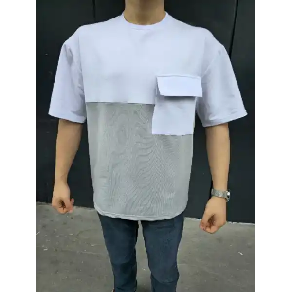 Erkek Kısa Kol Yazlık Tişört Torba Cepli Parçalı T-Shirt - Gri