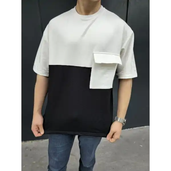 Erkek Kısa Kol Yazlık Tişört Torba Cepli Parçalı T-Shirt - Siyah