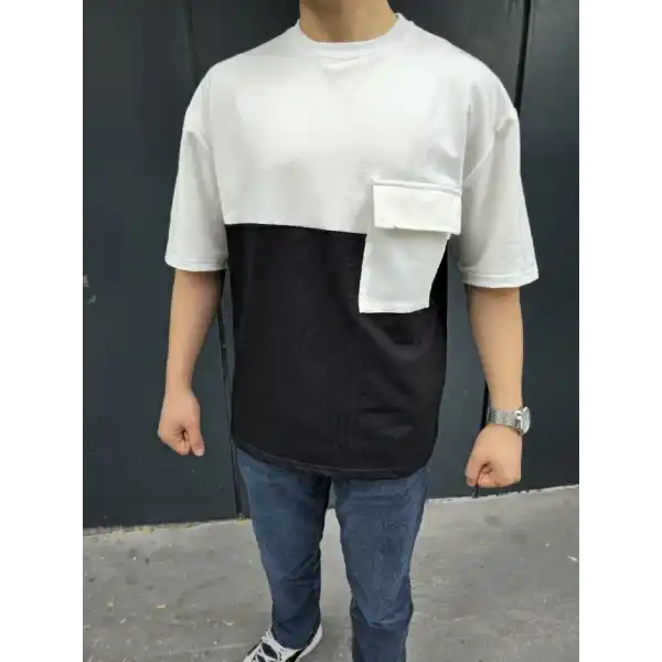 Erkek Kısa Kol Yazlık Tişört Torba Cepli Parçalı T-Shirt - Siyah