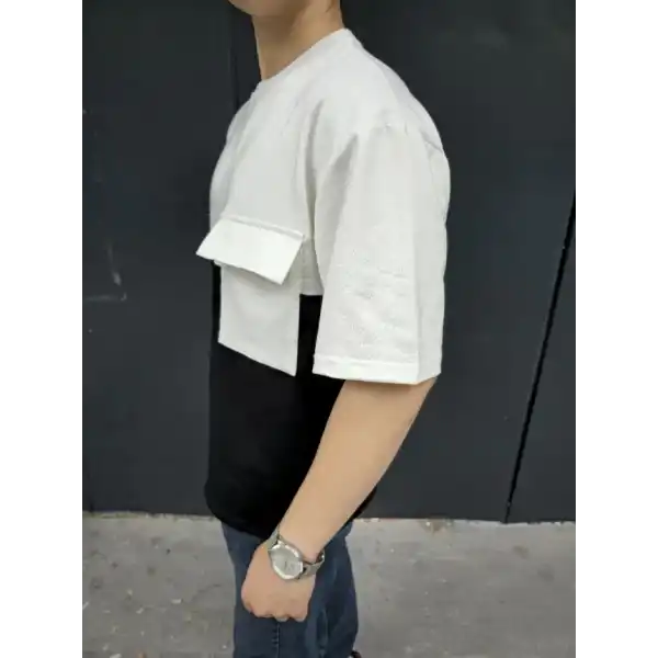 Erkek Kısa Kol Yazlık Tişört Torba Cepli Parçalı T-Shirt - Siyah