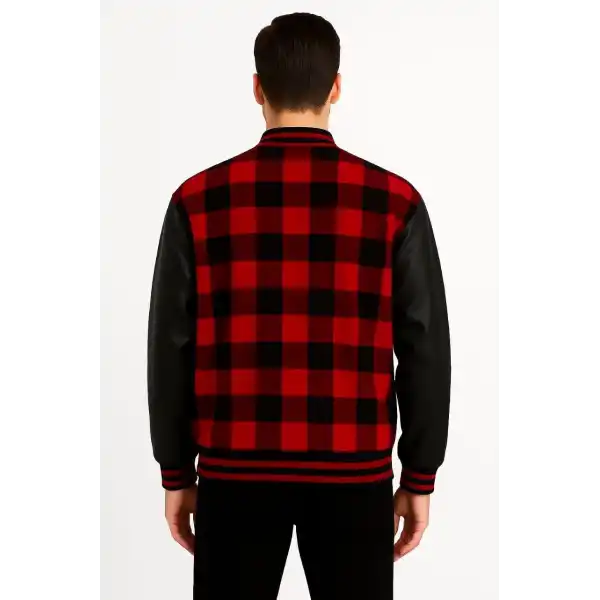 Erkek Kolej Ceket – Kareli Oduncu Kumaş, Kolları Suni Deri, Fermuarlı, İçi Kapitone Astarlı, Nakışlı Oversize Bahar & Kış Stil - Bordo