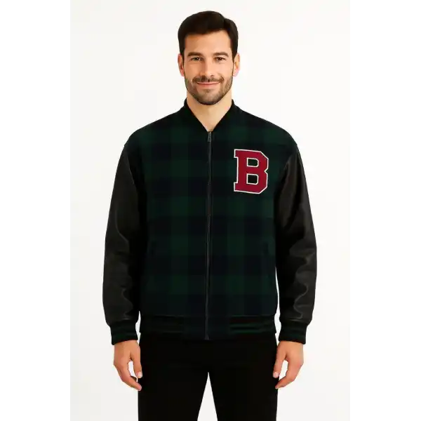 Erkek Kolej Ceket – Kareli Oduncu Kumaş, Kolları Suni Deri, Fermuarlı, İçi Kapitone Astarlı, Nakışlı Oversize Bahar & Kış Stil - Haki