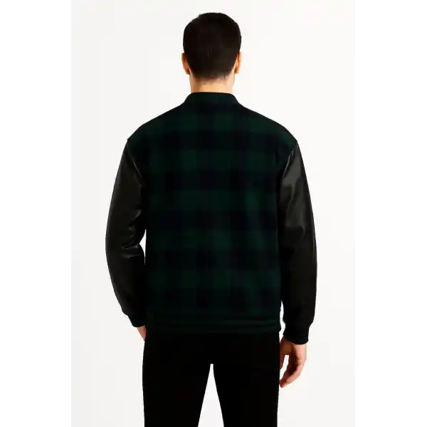 Erkek Kolej Ceket – Kareli Oduncu Kumaş, Kolları Suni Deri, Fermuarlı, İçi Kapitone Astarlı, Nakışlı Oversize Bahar & Kış Stil - Haki