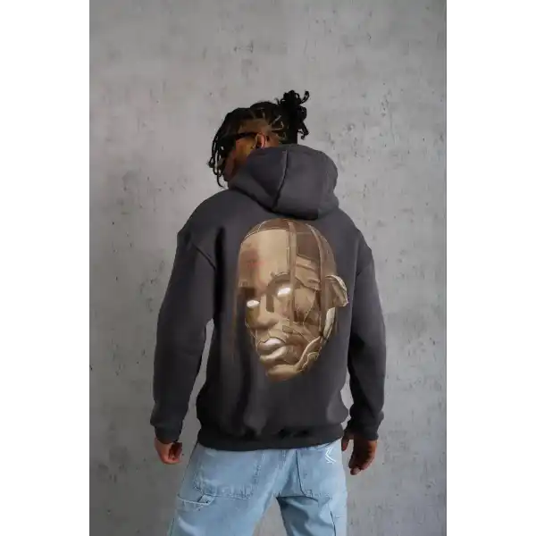 Erkek Kordonlu Arka Maske Kordon Saçlı 3 iplik pamuklu Kapüşonlu sweatshirt - Füme
