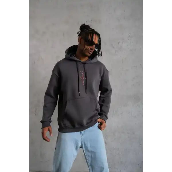 Erkek Kordonlu Arka Maske Kordon Saçlı 3 iplik pamuklu Kapüşonlu sweatshirt - Füme