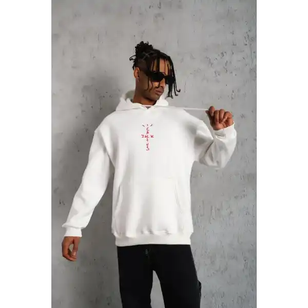 Erkek Kordonlu Arka Maske Kordon Saçlı Kapüşonlu sweatshirt hoodie - Beyaz