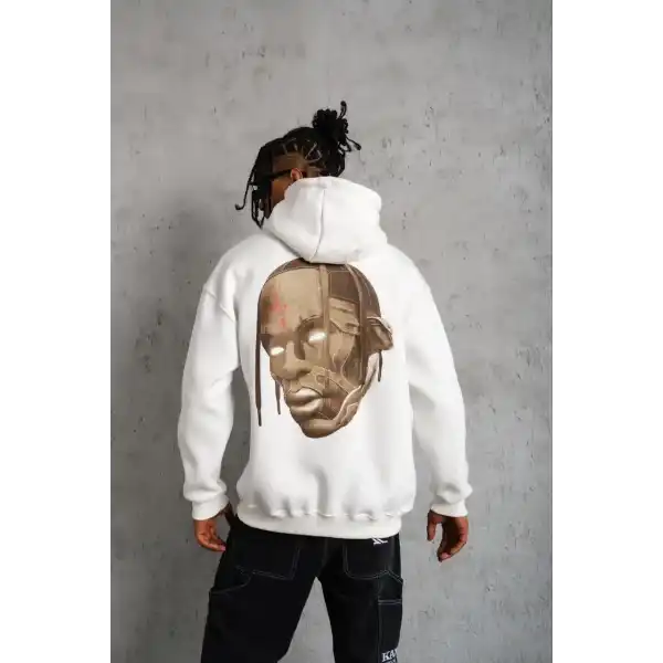 Erkek Kordonlu Arka Maske Kordon Saçlı Kapüşonlu sweatshirt hoodie - Beyaz