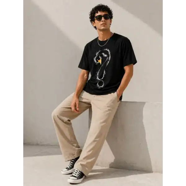 Erkek Kuğu Figürlü Soru İşareti Baskılı Tişört Kısa Kol T-Shirt - Siyah
