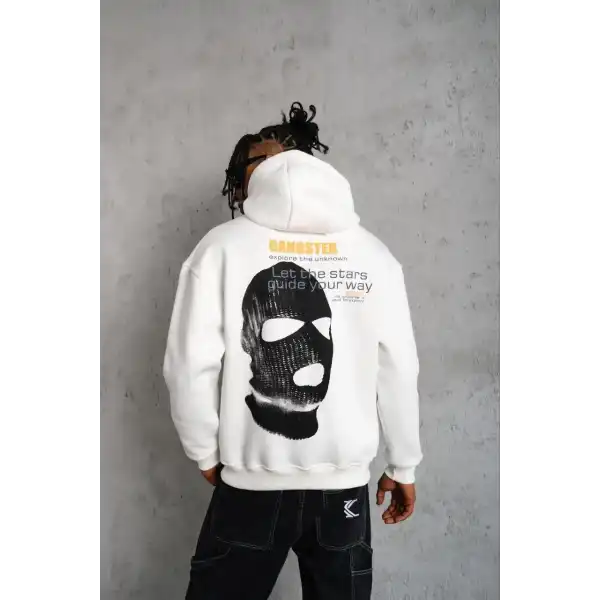 Erkek Maske Baskılı 3 iplik pamuklu Kapüşonlu Sweatshirt hoodie - Beyaz