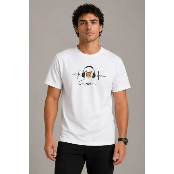 Erkek Müzik Temalı Baskılı Tişört Bisiklet Yaka Kısa Kol T-Shirt - Beyaz