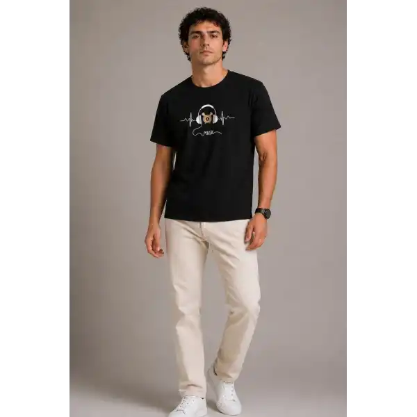 Erkek Müzik Temalı Baskılı Tişört Bisiklet Yaka Kısa Kol T-Shirt - Siyah