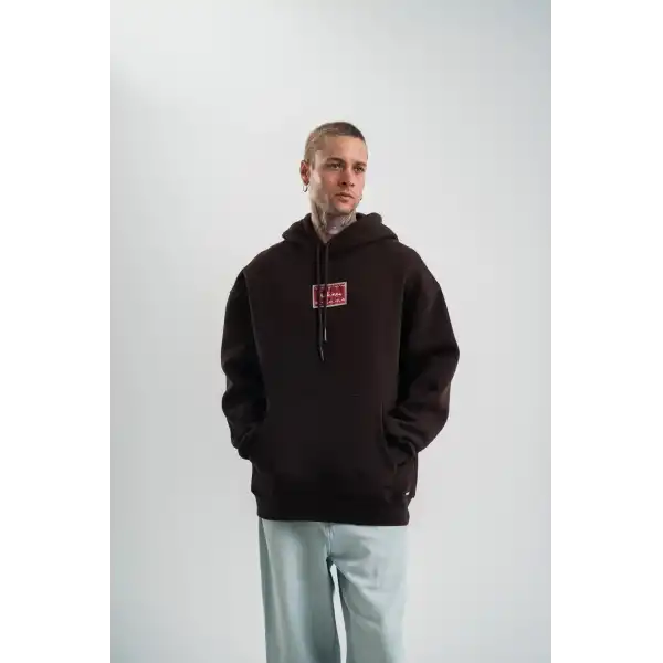 Erkek Nakışlı Kapüşonlu Oversize 3 İplik Pamuklu SweatShirt Hoodie - Siyah
