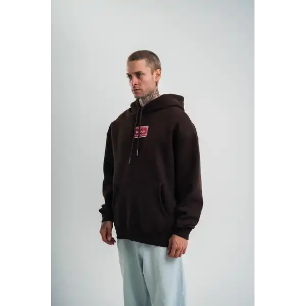 Erkek Nakışlı Kapüşonlu Oversize 3 İplik Pamuklu SweatShirt Hoodie - Siyah