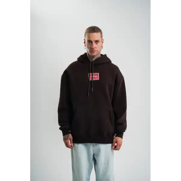 Erkek Nakışlı Kapüşonlu Oversize 3 İplik Pamuklu SweatShirt Hoodie - Siyah