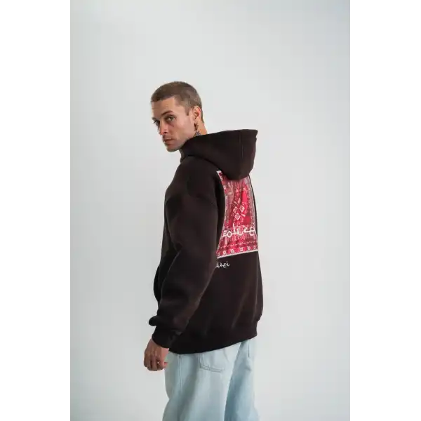 Erkek Nakışlı Kapüşonlu Oversize 3 İplik Pamuklu SweatShirt Hoodie - Siyah