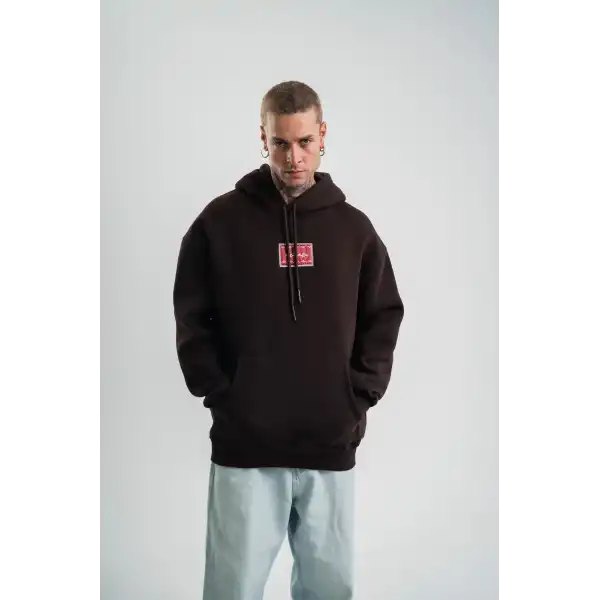 Erkek Nakışlı Kapüşonlu Oversize 3 İplik Pamuklu SweatShirt Hoodie - Siyah