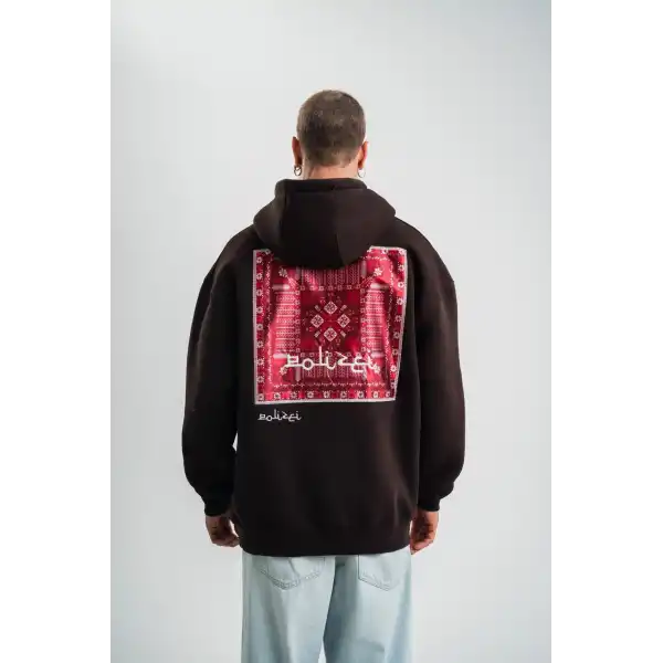 Erkek Nakışlı Kapüşonlu Oversize 3 İplik Pamuklu SweatShirt Hoodie - Siyah