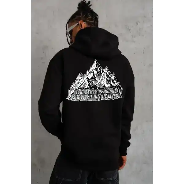 Erkek Nihilist Penguen Baskılı 3 İplik Pamuklu Kapüşonlu Sweatshirt Hoodie Siyah