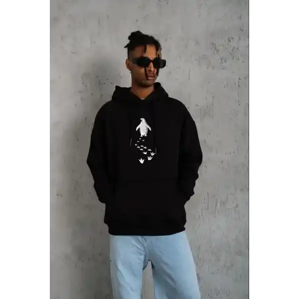 Erkek Nihilist Penguen Baskılı 3 İplik Pamuklu Kapüşonlu Sweatshirt Hoodie Siyah