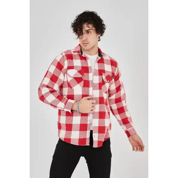 Erkek Oduncu Gömlek – Uzun Kollu, Şardonlu Kumaş, Kareli Desen, Regular Fit, Manşetli, Çift Cepli, Rahat Günlük Bahar & Kış Stil - Pembe