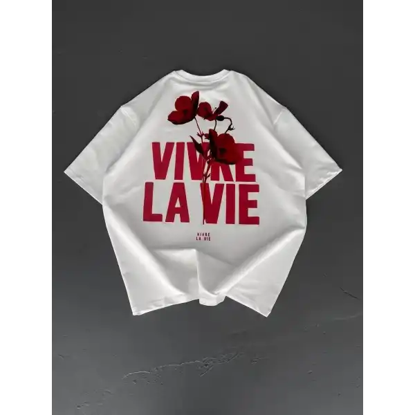 Erkek Ön ve Arka Baskılı T-Shirt Kısa Kol Bisiklet Yaka Regular Fit Tişört - Beyaz